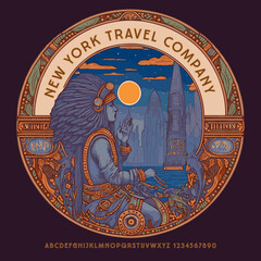 Vector round Emblem New York Travel Company with Native American. Decorative Alphabet Letters and Numbers set. Old fashioned Font