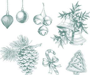 Christmas decoration set. Hand drawing bells, holy plant, jingle bells, pine cone, cookie, candy cane and Christmas balls illustration.