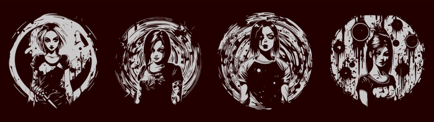 Psychedelic Horror Sketch gothic girl  and dripp watercolor. Isolated in red blood, vector illustration. 