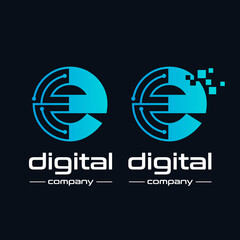 Lowercase Letter E Digital technology vector logo template with pixel symbol. This logo is suitable for industrial, automotive, circuit, modern, electric business.
