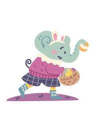Easter Elephant Brings Egg Basket - Hand Drawn - Easter Animal