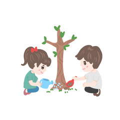 Kids planting tree and gardening fun, boy and girl working in garden illustration