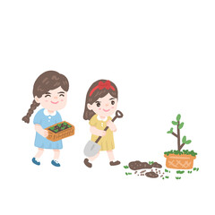 Kids planting tree and gardening fun, boy and girl working in garden illustration