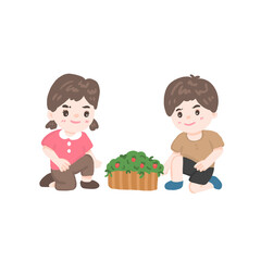 Kids planting tree and gardening fun, boy and girl working in garden illustration