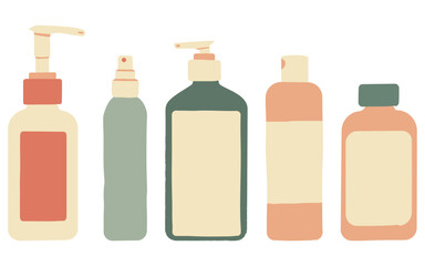Set of skincare isolated objects: bottles with dispenser for lotion, foam, cream, liquid soap, etc. Hand-drawn cosmetic product pack with lettering. Flat vector illustration
