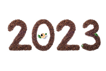 New Year 2023 made of coffee beans on white background. 2023 coffee background. Coffee drink, coffee shop, cafe, advertising concept. Copy space