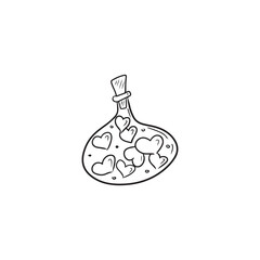 Magic bottle with hearts inside with a cork in black isolated on white background. Flask with love potion for st. Valentines day. Hand drawn vector sketch illustration in doodle line vintage engraved.