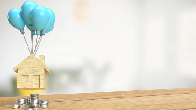 The home wood and blue balloon  for property concept 3d rendering