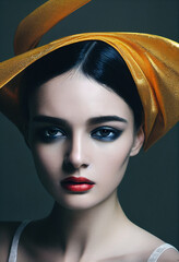 A fashion portrait of a confident female model has a yellow hair accessory.