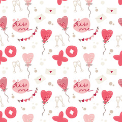 Romantic seamless pattern on a white background with pretty hand drawn elements about love. Modern illustration for Valentines Day or anniversary