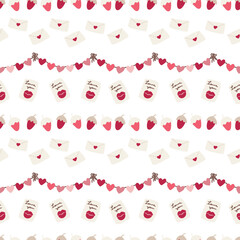 Valentines Day seamless pattern on a white background with romantic hand drawn elements