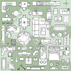 Collection of furniture and equipment top view for house plan. Interior icons set for bathrooms and living room, kitchen and bedroom (view from above). Vector blueprint for apartment floor plan - 556640039