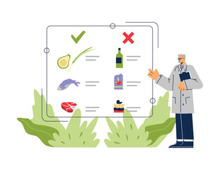 Recommended and prohibited foods for diabetes, flat vector illustration isolated.