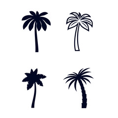 Set of African Rainforest Coconut Trees or Tropical Palm Trees on White Background. Simple Black Silhouette for Eco Floral Logotype Emblem in Retro Art, or Travel Logo Design