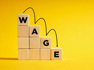 Declining wages and income drop. Economic crisis, recession, and poverty concept. The word Wage on...