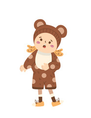 Little Girl with Bear Costume - Hand Drawn - Animal Costume