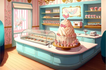 cake shop interior, cute and fancy