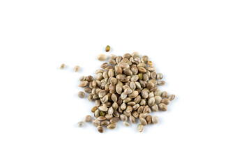 Cannabis hemp seeds pile close up macro shot isolated