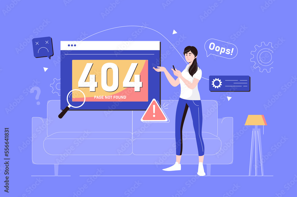 Aufkleber 404 error page not found web concept with people scene in flat blue design. woman using computer and