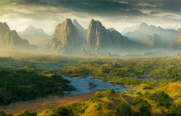 Fototapeta premium lake in the jurassic valley mountains generative ai illustration