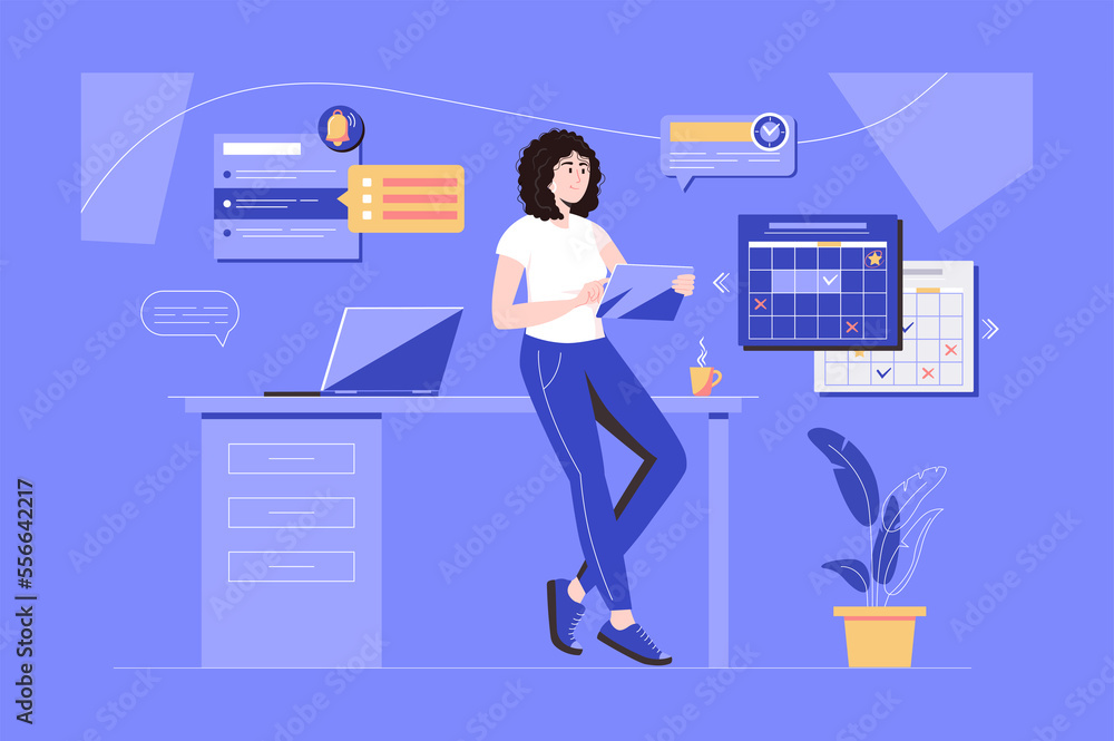 Aufkleber planning work web concept with people scene in flat blue design. woman planning workflow and daily r