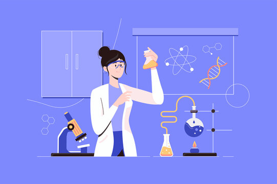 Science laboratory web concept with people scene in flat blue design. Woman scientist holds tube with liquid and makes scientific research, conducts experiments and tests in lab.
