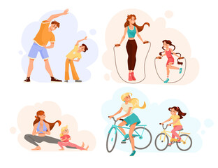 Parents with Their Children Doing Sport and Physical Exercise Vector Set