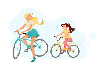 Woman Parent with Her Daughter Riding Bicycle Doing Sport and Physical Exercise Vector Illustration