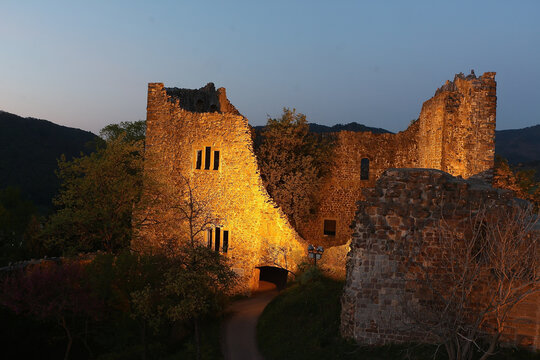 Night time falling over the stones of the castle at the too of the hill in Badenweiler, South Germany, near the Black Forest