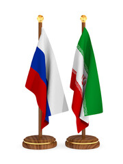 Iranian and Russian flag on white background. Isolated 3D illustration