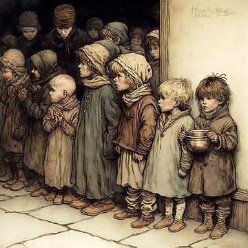 Lineup Of Small Ragged Children , Poor , In The Workhouse