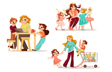 Tired Parents with Naughty Children Playing Around Vector Set