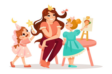 Tired Mom with Daughters Playing Around Vector Illustration