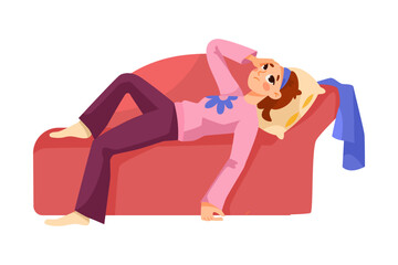 Tired Mom Lying on Sofa Having Lack of Energy Vector Illustration