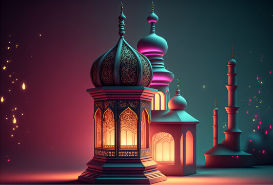 A night in Ramadan. A colorful mosque and a lantern with glowing evening light. 3d rendering 