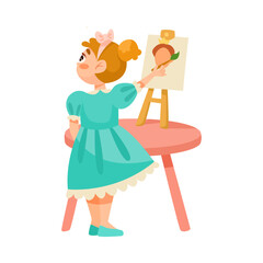 Little Girl in Blue Dress Drawing with Brush on Easel Vector Illustration