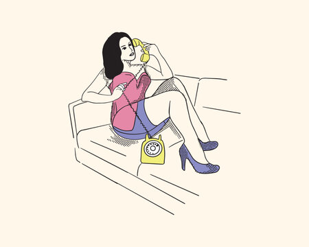 minimal vintage artwork of woman posing with an old telephone