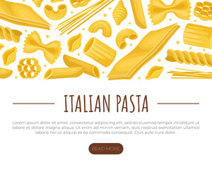 Italian pasta landing page template. Italian cuisine food, dry macaroni of various shapes web banner, website cartoon vector