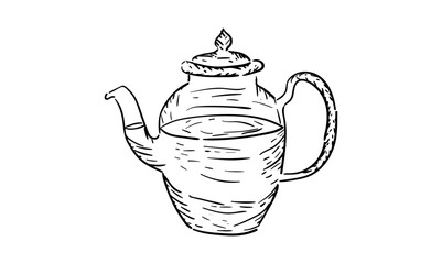 Hand drawn vector sketch of Healthy green tea cup with tea leaves. Cup of tea with mint, isolated on white