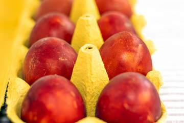 red painted eggs in cardboard holder box isolated on kitchen towel in stripes.natural dye from onion and beet bark.many eggs on white plate easter wallpaper spring is coming celebrate diy do it yourse