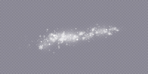 Particles of white magic dust. Shining light particles.Christmas glitter particles. Light effect on a transparent background