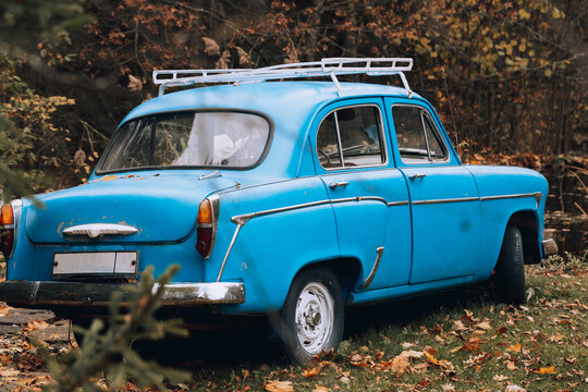 MOSCOW, RUSSIA - October 15 2022: Retro car Moskvich in the parking in autumn. Back view.