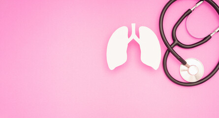 Obraz na płótnie Canvas A lung symbol and a stethoscope are on a pink background