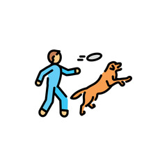Play with pet in frisbee color line icon. Dog training.