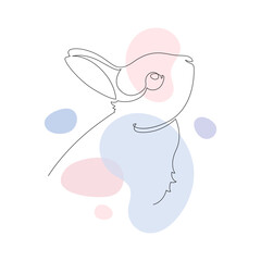 One line silhouette collection. Vector linear art illustration. Black outline rabbit animal side view symbol with blue, pink splash isolated on white background. Design element for easter egg holiday