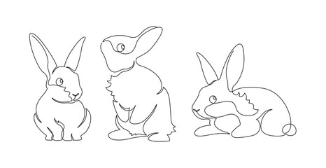 One line silhouette collection. Vector linear art illustration set. Rabbit, bunny animal black symbol isolated on white background. Design element for easter egg and chinesse zodiac new year holiday