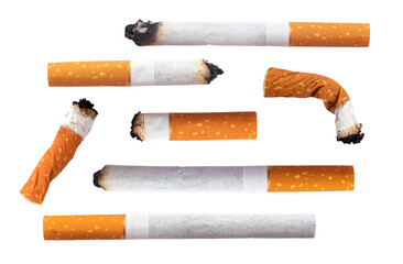 Many different stages of smoking a cigarette on a white background. Extinguished cigarette butts isolate