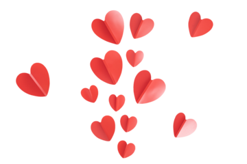 Valentine's day background with red and pink hearts like balloons on white background, flat lay, clipping path. PNG