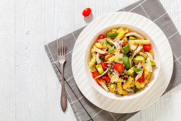 Chicken Pasta Salad with Avocado, Tomato in bowl