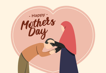 Happy Mothers day illustration. Boy kiss mother hand
